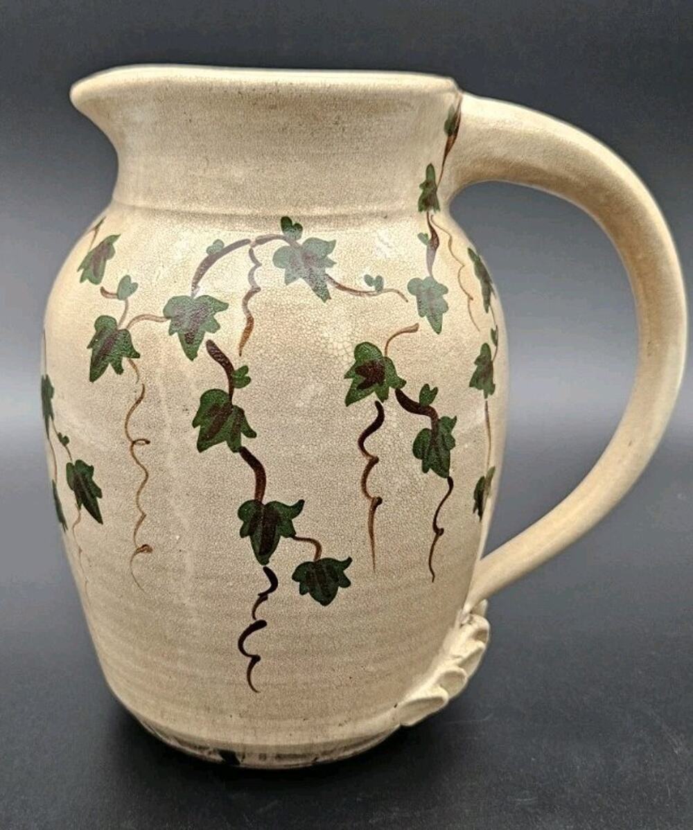 English Ivy Pottery Pitcher Jug Studio Art Pottery Slip Decor 7" Cream Green